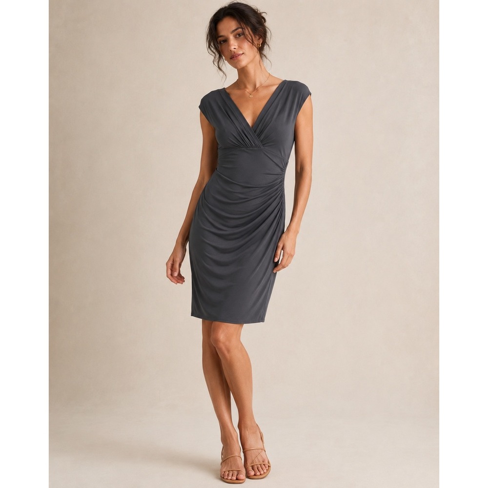 Lauren Ralph Lauren Gray Ruched Surplice V-Neck Sheath Dress Size 4 Cap Sleeve